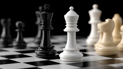 Players engage in a classic game of chess with black and white pieces arranged on a detailed board, highlighting strategy and focus