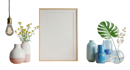 Interior design with blank frame, yellow flowers and monstera on white background