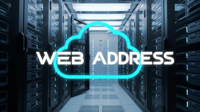 Server Room with Rows of Rack Servers and Cloud with Web Address Text