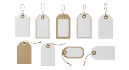 Assorted blank price tags with strings isolated on transparent background for labeling products