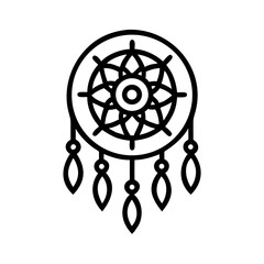 Minimalist black outline illustration of a traditional dreamcatcher with hanging beads © Mariam