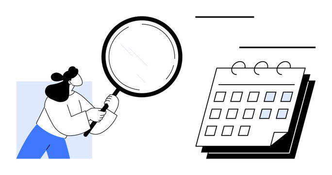 Woman focuses on a calendar with a magnifying glass, emphasizing analysis, scheduling, and task priorities. Ideal for productivity, organization, timeline, event management, punctuality research
