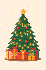 Christmas tree with gifts and lights, joyful holiday vector.