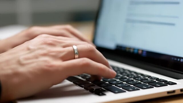 A man types on his keyboard, focusing on the screen while his fingers move swiftly over the keyboard. The man appears engaged with his work on the laptop screen.