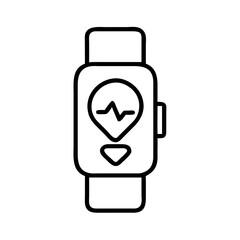 Simple line art icon of a smartwatch displaying a heartbeat and location pin