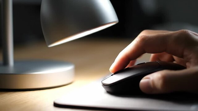 Close-up of a computer mouse next to a lamp on the desk surface.