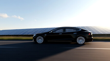 Obraz premium Electric car cruising along the highway, powered by solar energy. Innovative energy solutions for sustainable transportation on a sunny day.