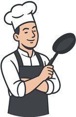 Illustration of Chef Holding Frying Pan in Uniform