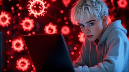Cyber Sentinel: A young individual intently works on a laptop, illuminated by an ominous red glow and the digital projections of cyber threats, highlighting a vigilant focus on online security.