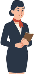 Illustration of Flight Attendant in Uniform Holding Notebook