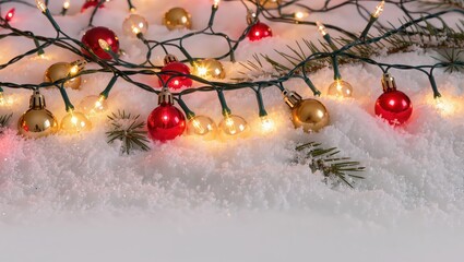Colorful Christmas ornaments and glowing string lights rest upon fresh snow featuring scattered pine needles, creating the warm festive winter atmosphere within soft natural daylight