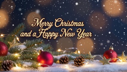 Festive Christmas and New Year message displayed above snowy pine branches, red ornaments, golden stars, and glowing lights under the softly falling snow evening scene