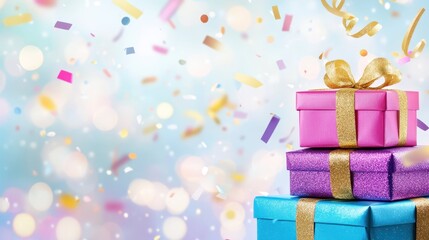 Fototapeta premium Gifts Stacked High Amidst Confetti: A festive arrangement of beautifully wrapped gift boxes is piled high, each adorned with a delicate bow. A flurry of colorful confetti cascades down.
