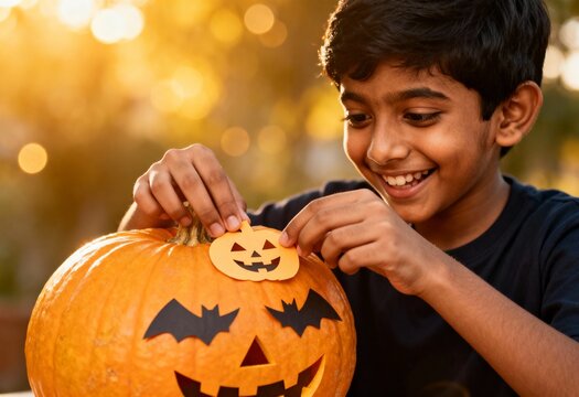 Smiling boy carving jack-o'-lantern at sunset in autumn
