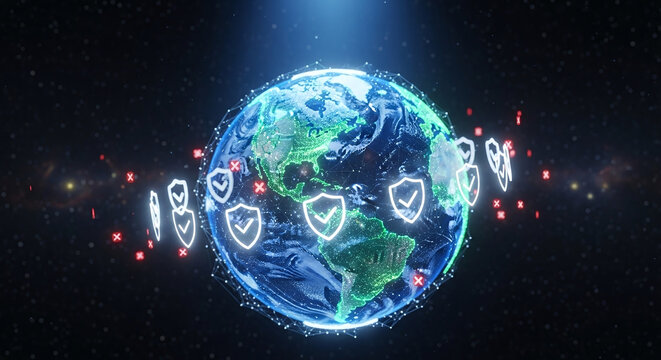 Earth surrounded by glowing shields and digital connections representing global cybersecurity planet isolated on a transparent background