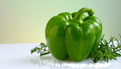 Vibrant green bell pepper with herbs and salt