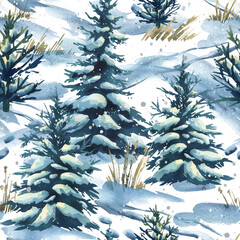 Seamless winter landscape pattern with snowy pine trees and frosty ground, hand-painted watercolor illustration, perfect for seasonal packaging, wallpapers, fabric, and holiday decoration.