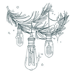 A detailed line art of a pine branch decorated with vintage Edison bulbs and a celestial sparkle. This handmade black and white illustration is perfect for cozy winter logos and website banners.