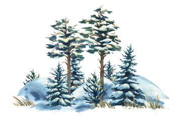 Winter watercolor composition with pine trees in snow, hand-painted illustration designed for greeting cards, seasonal posters, invitations, and Christmas or New Year decorative projects.