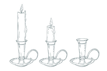 A versatile clipart set of candles in holders and one separate candlestick with a handle. This universal hand-drawn line art is adaptable for holiday or vintage themes.