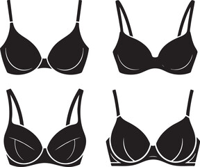 A simple black bra illustration set with straps and underwire detailing on a white background design style silhouette.