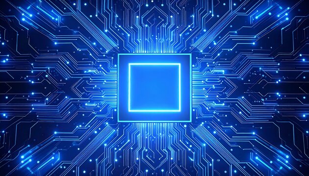 Abstract circuit board with glowing central chip