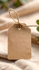 A blank, natural kraft paper tag, tied with twine, rests on a beige fabric