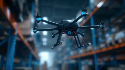 Medium shot of a sleek drone scanning and monitoring warehouse shelves highlighting automated inventory management with blurred background for precision focus. - Powered by Adobe