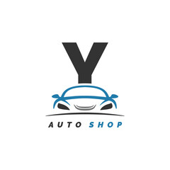 letter Y logo auto mechanic with car design. Alphabet Y automotive car style icon