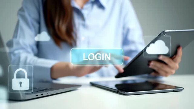Woman Using Tablet and Laptop for Cloud Login Security