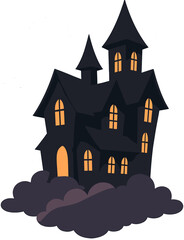 Dark Black Haunted House on Clouds with Glowing Windows Illustration