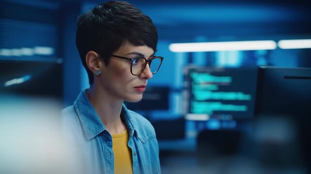 Woman with Glasses Working at Computer in Blue Light Setting