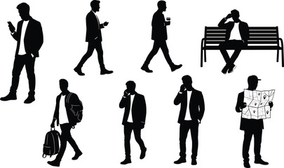 Businessman silhouettes walking, talking, reading map, sitting on bench, using smartphone, travel lifestyle, urban city concept illustration