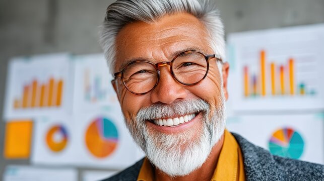 An older man with grey hair smiles broadly while wearing glasses. Behind him are charts with business data, showing growth and analysis of performance