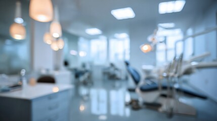 Obraz premium Stunning photo of blurred dental clinic interior with modern equipment and bright lighting.