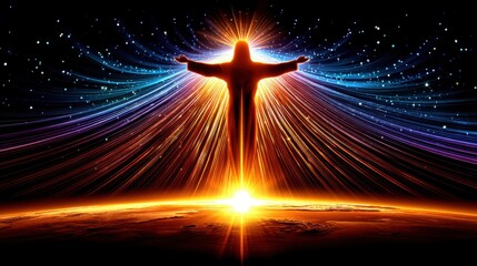 A silhouette of a figure with outstretched arms stands above a bright glowing horizon on planet Earth. Streams of light radiate from the figure to the heavens