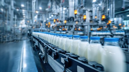 Obraz premium Stunning photo of bottles filled with fresh milk moving on conveyor belt in dairy factory.