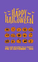 Happy halloween cute invitation with funny cartoon carved pumpkins, vintage retro style