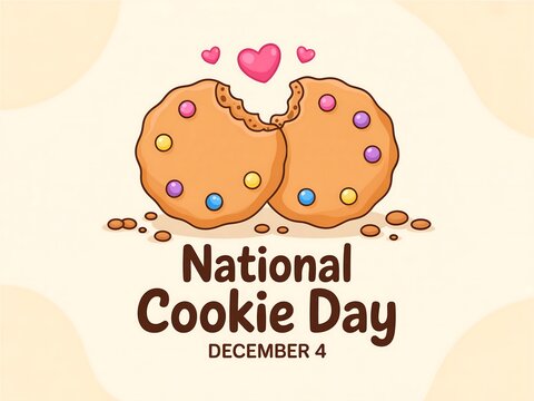 Two halves of a delicious chocolate chip cookie with colorful candies and hearts celebrate national cookie day on december 4th