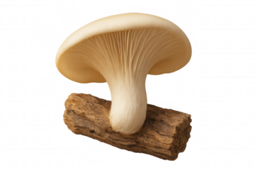 Oyster mushroom growing on wood, edible fungi for healthy vegetarian cooking, transparent background