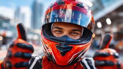 A man with brown hair wears a red helmet with tinted visor and red gloves. He is giving two thumbs up on a racetrack in front of city buildings