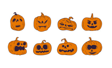Halloween pumpkins with funny and spooky carved faces, hand drawn vector illustration
