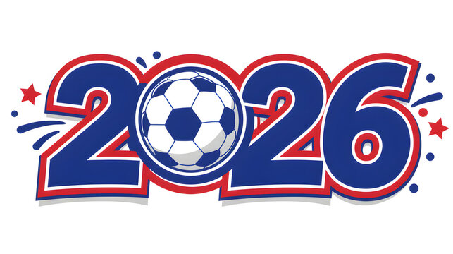 Patriotic 2026 Soccer Tournament emblem with a football and stars in red, white, and blue. Isolated on transparent background, png