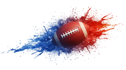 American football ball with a dynamic explosion of red and blue powder paint, symbolizing a sports competition. Isolated on transparent background, png