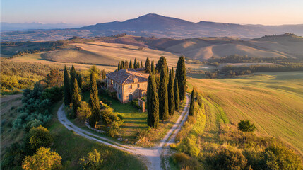 Picturesque countryside home with cypress trees, rolling hills, and a distant mountain under a tranquil sky. Serene, scenic landscape.