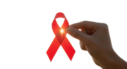 Hand holding red ribbon glowing bright symbolizes hope awareness and fight against aids hiv with solidarity and support campaign concept