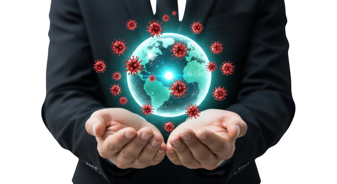Global coronavirus pandemic threat hands hold illuminated earth surrounded by red virus particles spreading worldwide