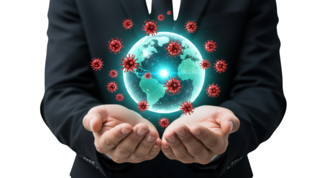 Global coronavirus pandemic threat hands hold illuminated earth surrounded by red virus particles spreading worldwide