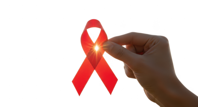 Hand holding red ribbon glowing bright symbolizes hope awareness and fight against aids hiv with solidarity and support campaign concept