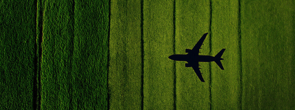 Silhouette of airplane flying over green field, symbolizing eco-friendly travel and business or vacation trips in nature, viewed from above - Powered by Adobe
